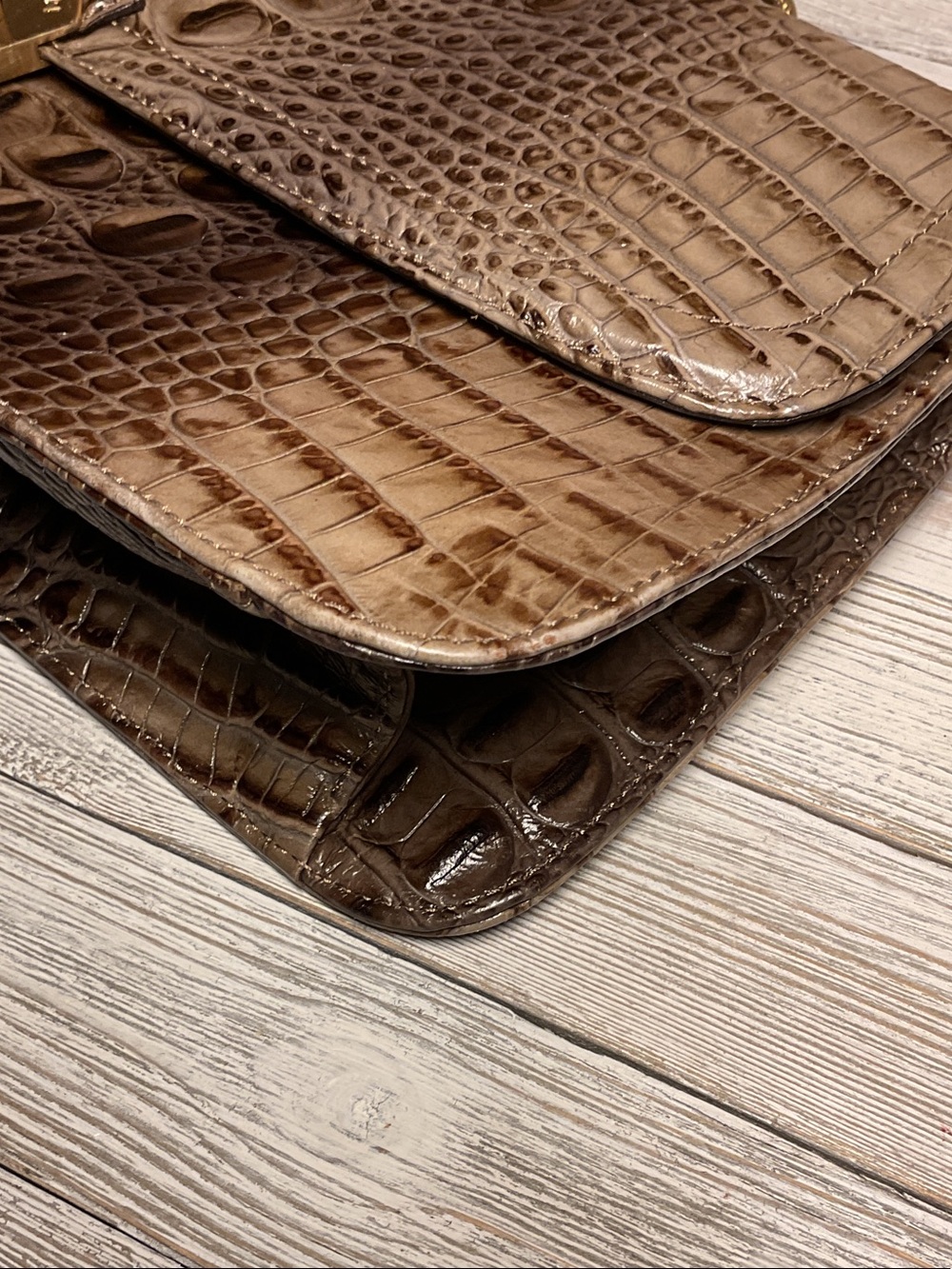 Vintage Brahmin satchel Melbourne taupe and brown crocodile-embossed leather EUC - Picture 9 of 9